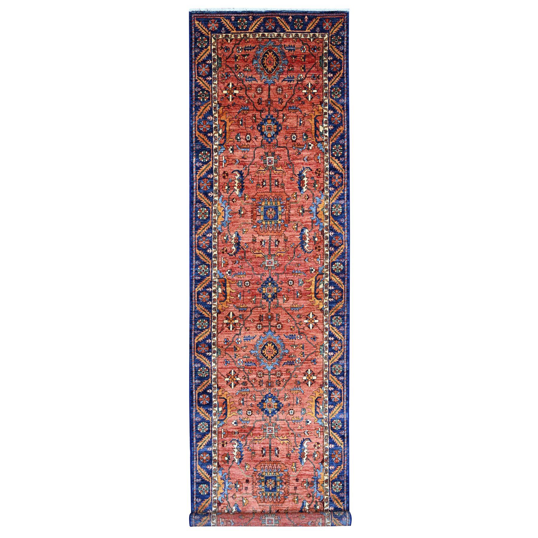 3'8"x15'9" Coral Red, Heriz All Over Design, Aryana Collection, Vegetable Dyes, High Mountain Wool, Hand Knotted, Soft Pile, Densely Woven, XL, Wide Runner, Oriental Rug 